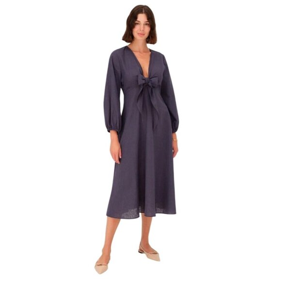 Harshman Novella Chambray Dark Indigo Tie-Front Linen Dress With V-Neckline $322 - Picture 1 of 9